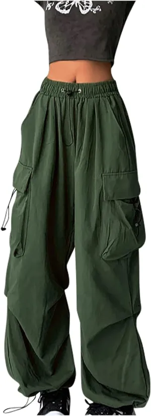 Women Elastic Waist Cargo Pants Parachute Drawstring Overalls Wide Leg Trendy Y2K Pants Teen Girls Hiking Trousers