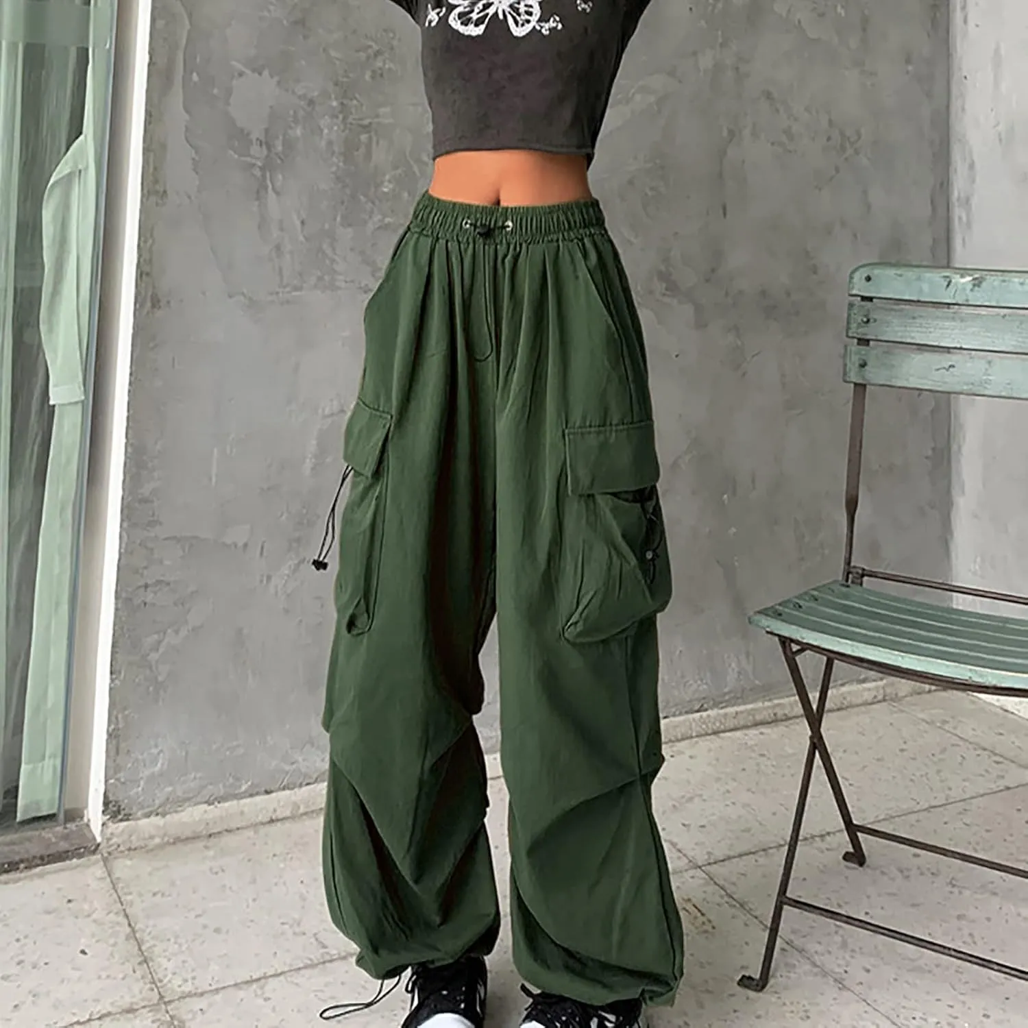Women Elastic Waist Cargo Pants Parachute Drawstring Overalls Wide Leg Trendy Y2K Pants Teen Girls Hiking Trousers
