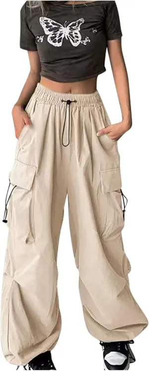 Women Elastic Waist Cargo Pants Parachute Drawstring Overalls Wide Leg Trendy Y2K Pants Teen Girls Hiking Trousers
