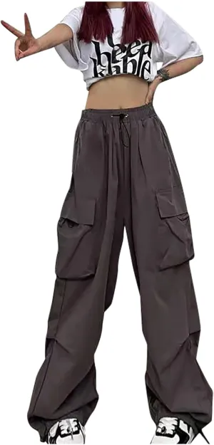 Women Elastic Waist Cargo Pants Parachute Drawstring Overalls Wide Leg Trendy Y2K Pants Teen Girls Hiking Trousers