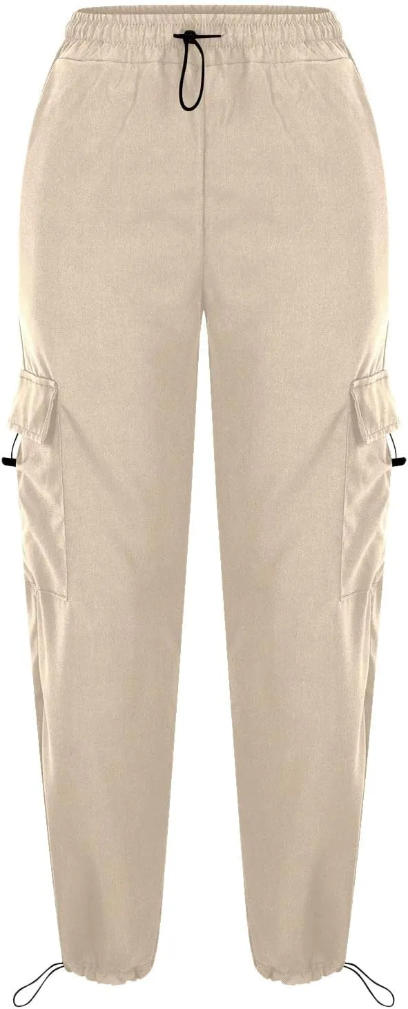 Women Elastic Waist Cargo Pants Parachute Drawstring Overalls Wide Leg Trendy Y2K Pants Teen Girls Hiking Trousers