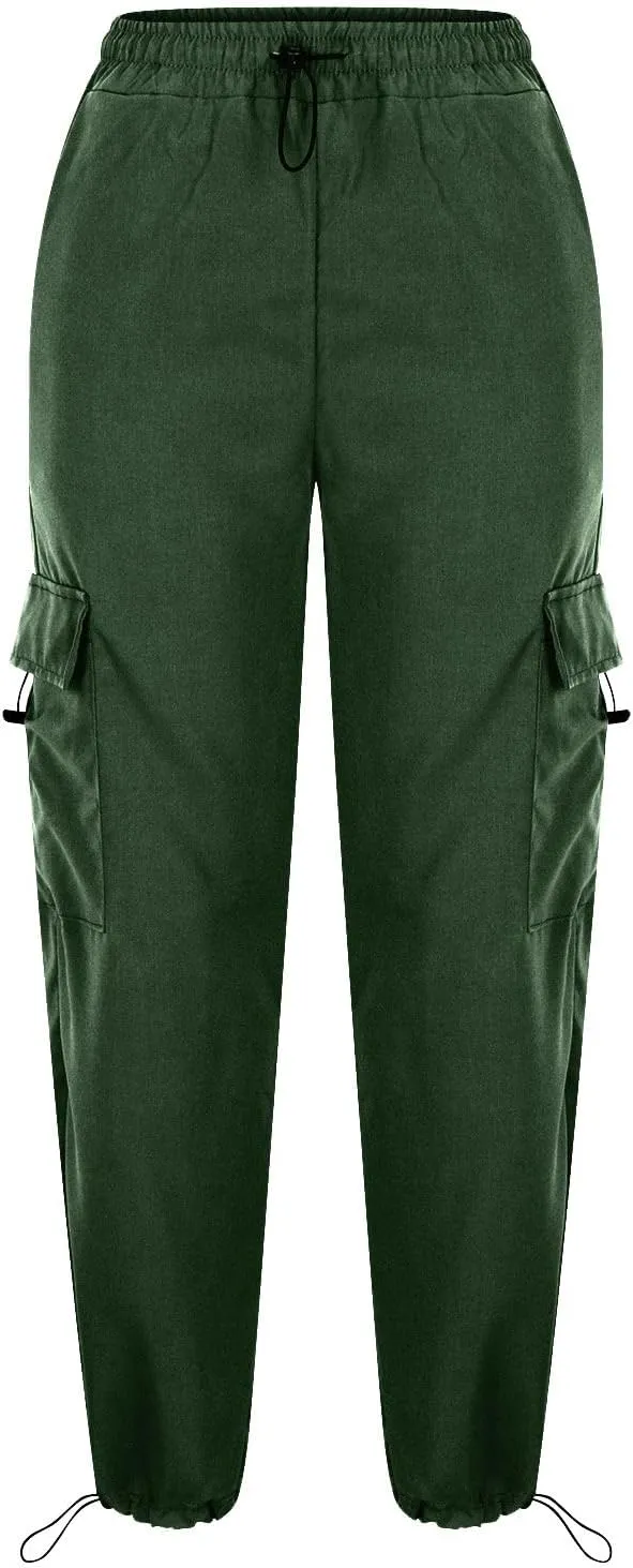 Women Elastic Waist Cargo Pants Parachute Drawstring Overalls Wide Leg Trendy Y2K Pants Teen Girls Hiking Trousers