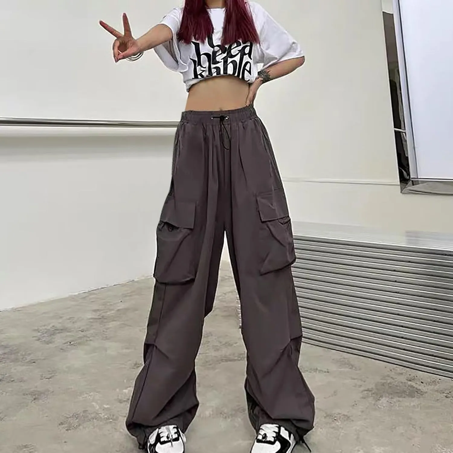 Women Elastic Waist Cargo Pants Parachute Drawstring Overalls Wide Leg Trendy Y2K Pants Teen Girls Hiking Trousers