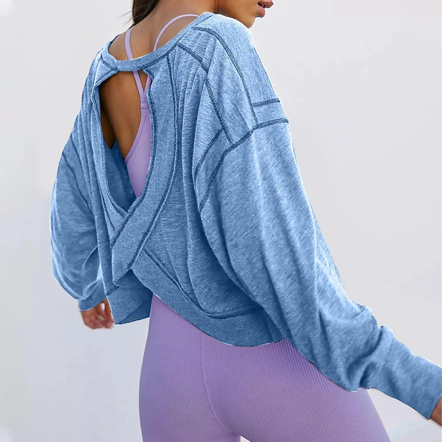 Women Fashionable Backless Workout Tops Crew Neck Long Sleeve Blouses Loose Solid Color Shirt Athletic Crop Tee