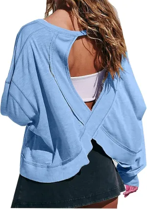 Women Fashionable Backless Workout Tops Crew Neck Long Sleeve Blouses Loose Solid Color Shirt Athletic Crop Tee