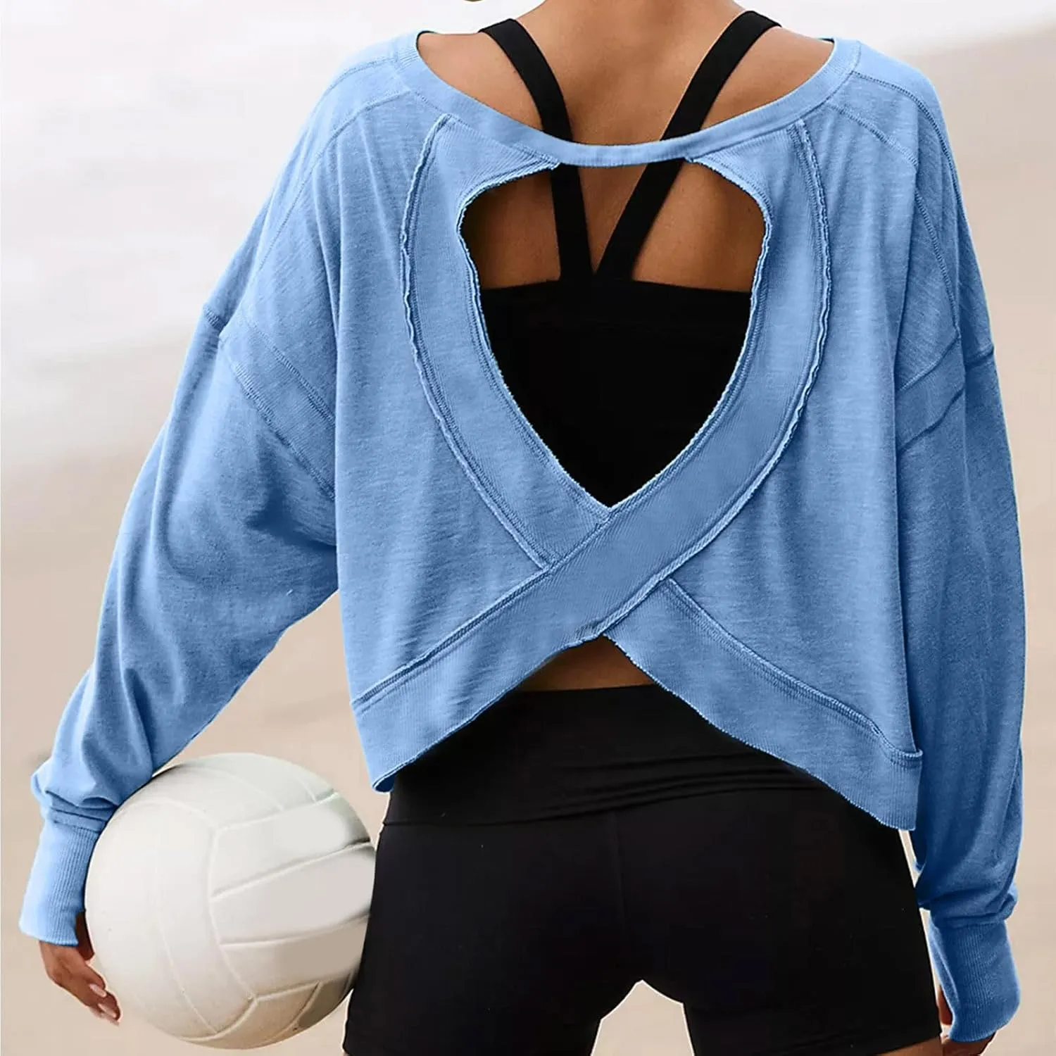 Women Fashionable Backless Workout Tops Crew Neck Long Sleeve Blouses Loose Solid Color Shirt Athletic Crop Tee