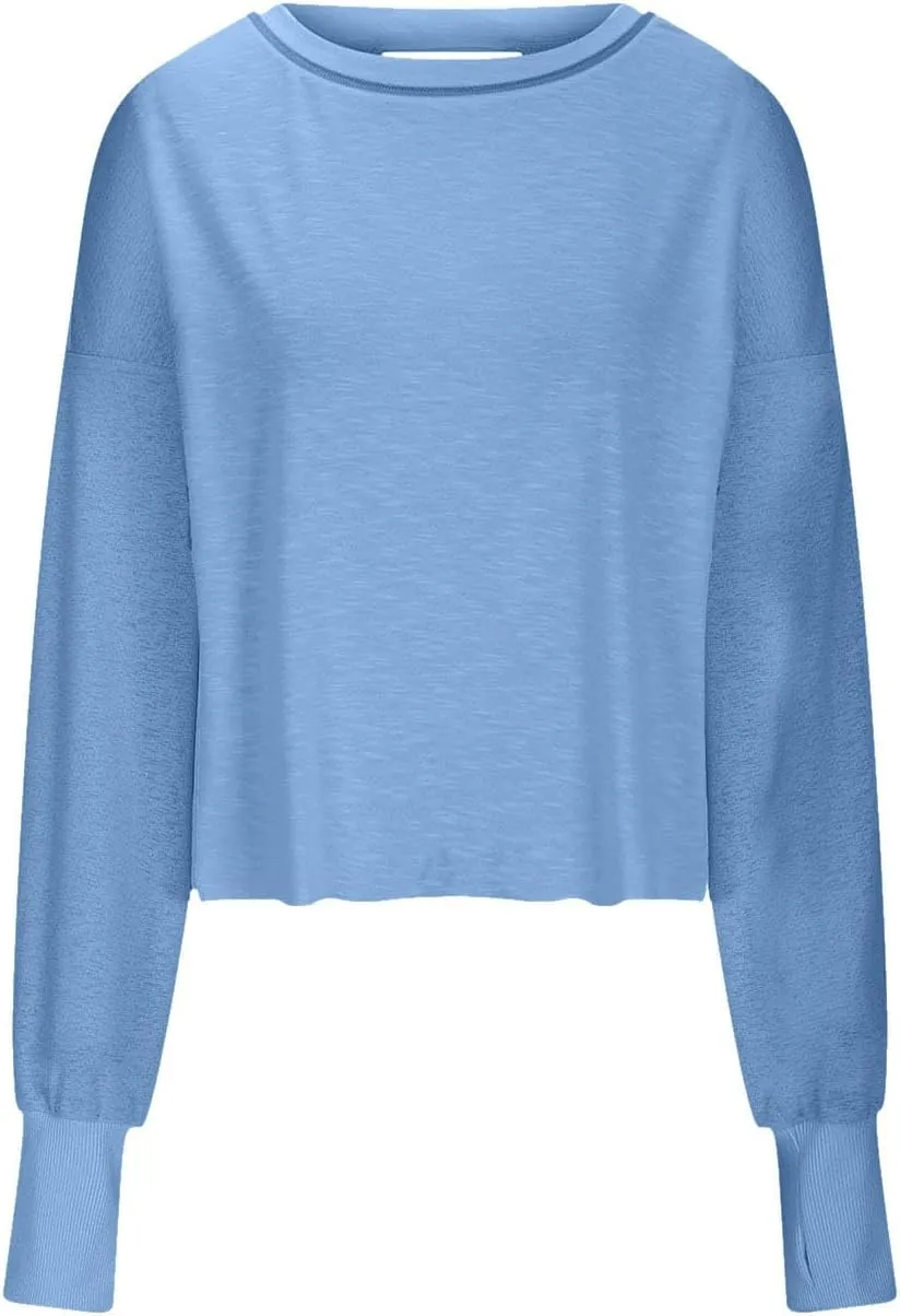 Women Fashionable Backless Workout Tops Crew Neck Long Sleeve Blouses Loose Solid Color Shirt Athletic Crop Tee