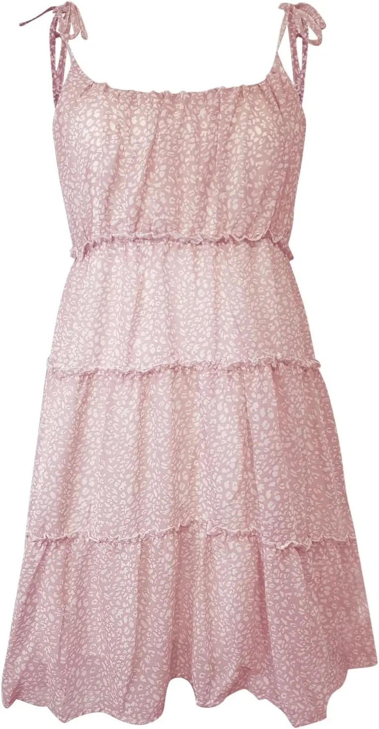 Women Floral Mini Dress Spaghetti Strap Ruffle Tiered Dress Cute Summer Chiffon Flowy Beach Vacation Sun Dresses