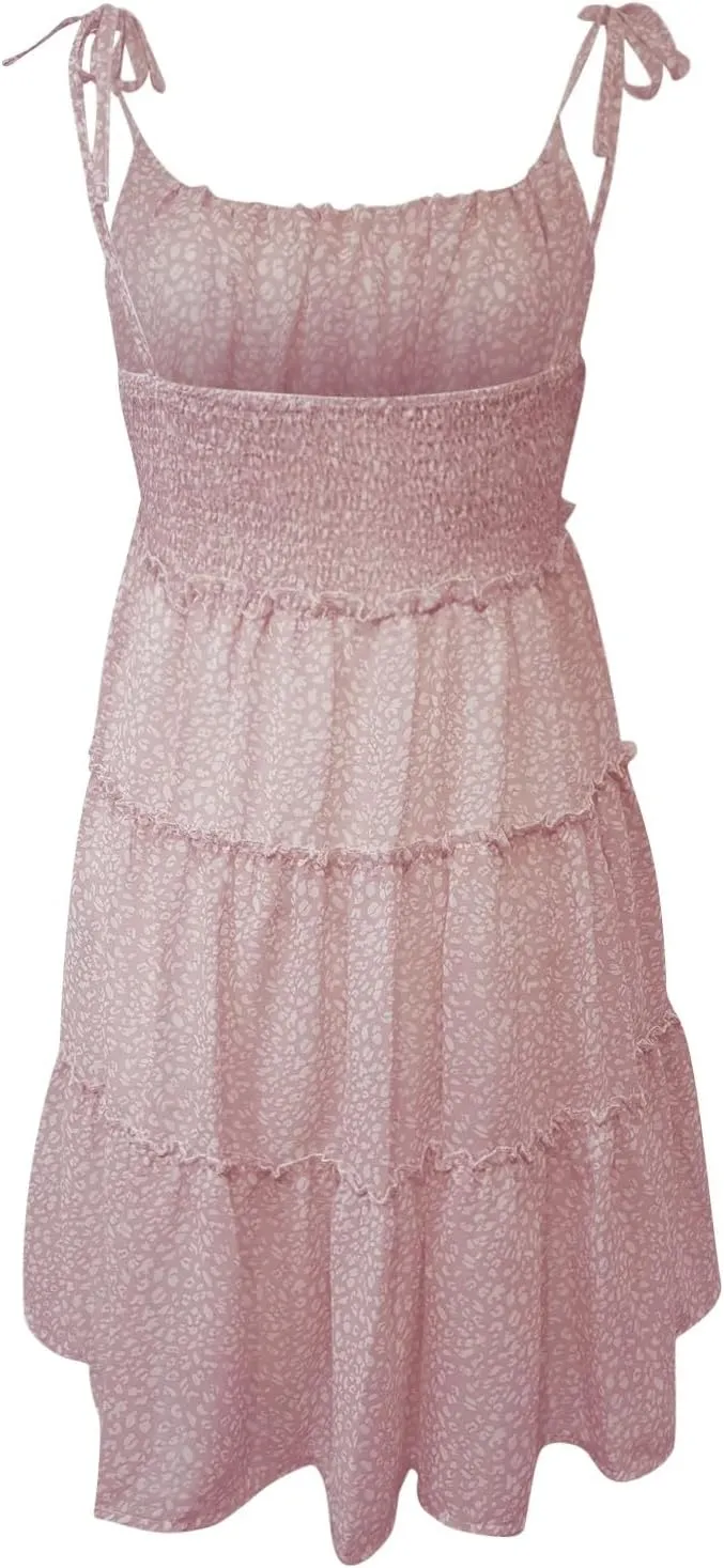 Women Floral Mini Dress Spaghetti Strap Ruffle Tiered Dress Cute Summer Chiffon Flowy Beach Vacation Sun Dresses
