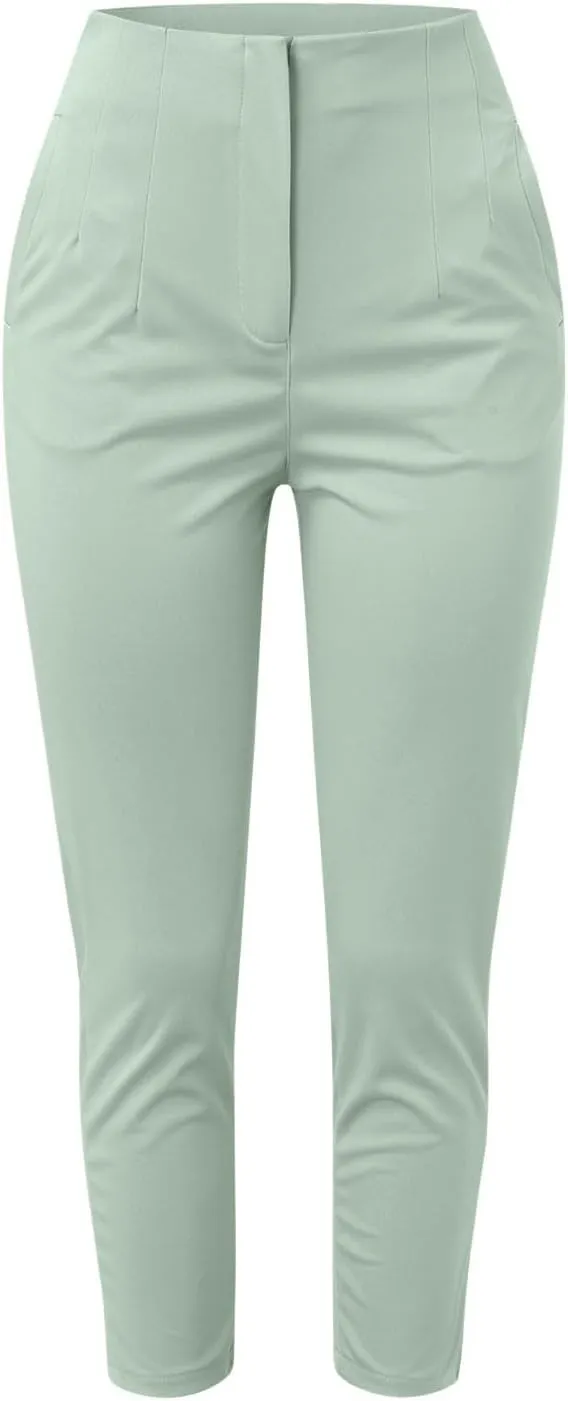 Women High Waist Cropped Work Pants Solid Zipper Trouser Pant Casual Baggy Elastic Waist Trouser Wide Leg Pant