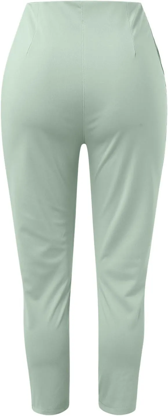 Women High Waist Cropped Work Pants Solid Zipper Trouser Pant Casual Baggy Elastic Waist Trouser Wide Leg Pant