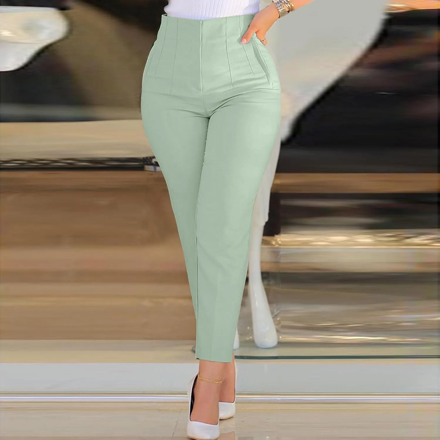 Women High Waist Cropped Work Pants Solid Zipper Trouser Pant Casual Baggy Elastic Waist Trouser Wide Leg Pant