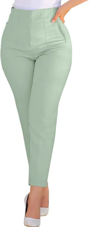 Women High Waist Cropped Work Pants Solid Zipper Trouser Pant Casual Baggy Elastic Waist Trouser Wide Leg Pant