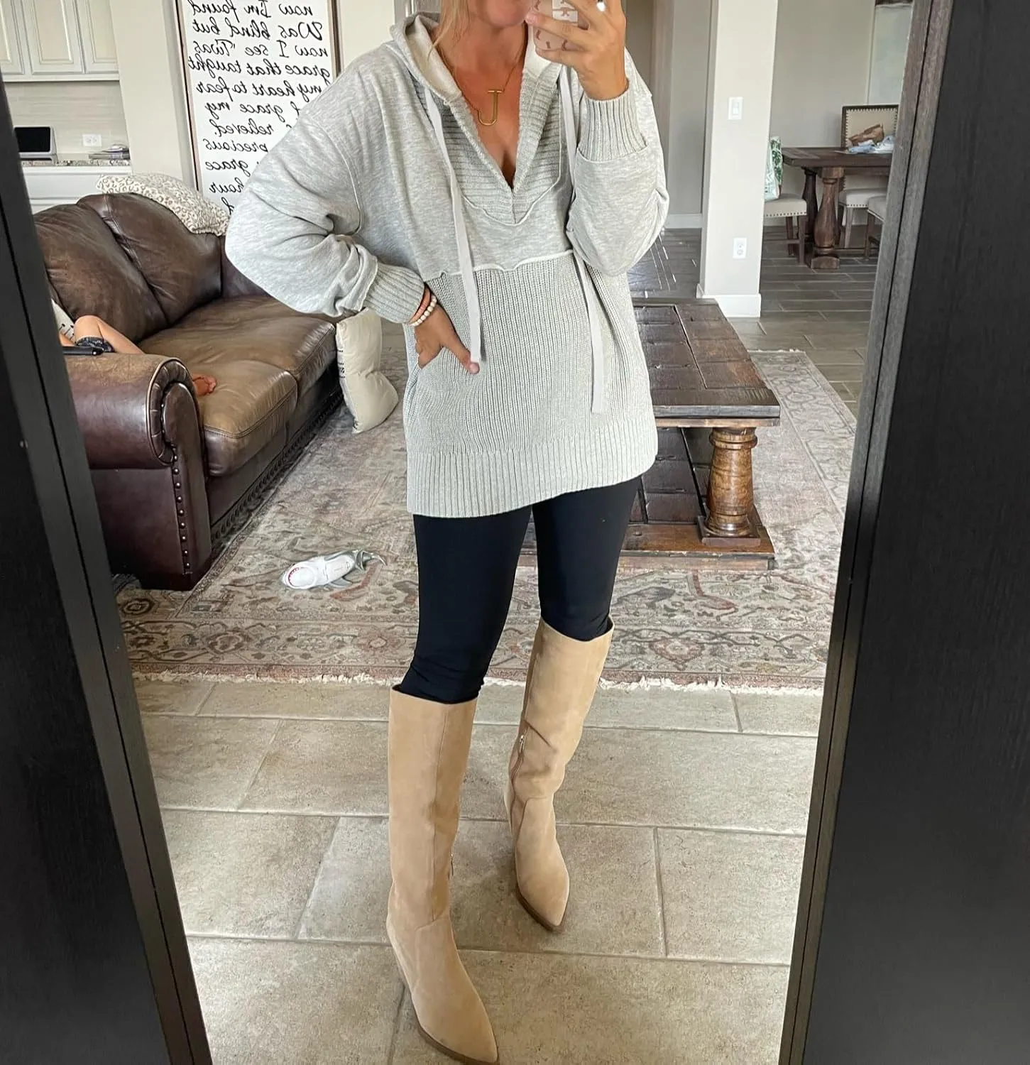 Women Hooded Pullover Sweater Casual Oversized V Neck Hoodies Long Sleeve Drawstring Sweatshirts Ribbed Knitted Top