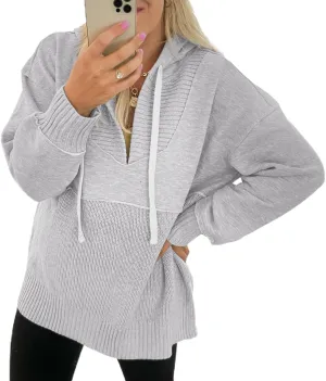 Women Hooded Pullover Sweater Casual Oversized V Neck Hoodies Long Sleeve Drawstring Sweatshirts Ribbed Knitted Top