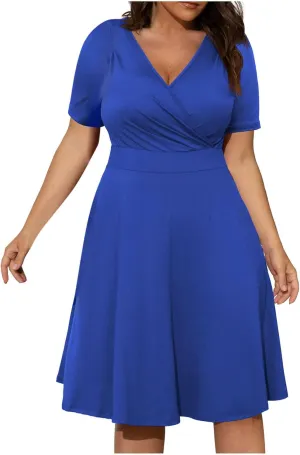 Women Oversized Summer Dresses, Sexy V Neck Short Sleeve A Line Sundress High Waisted Casual Midi Dresses Plus Size