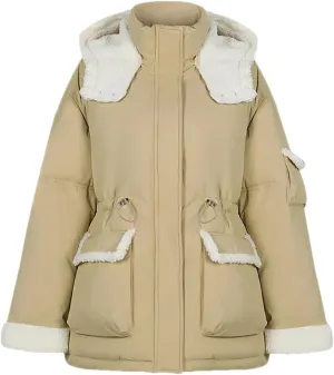 Women Patchwork Contrast Zipper Parkas Coats Vintage Pocket Hooded Cotton-Padded Jacket