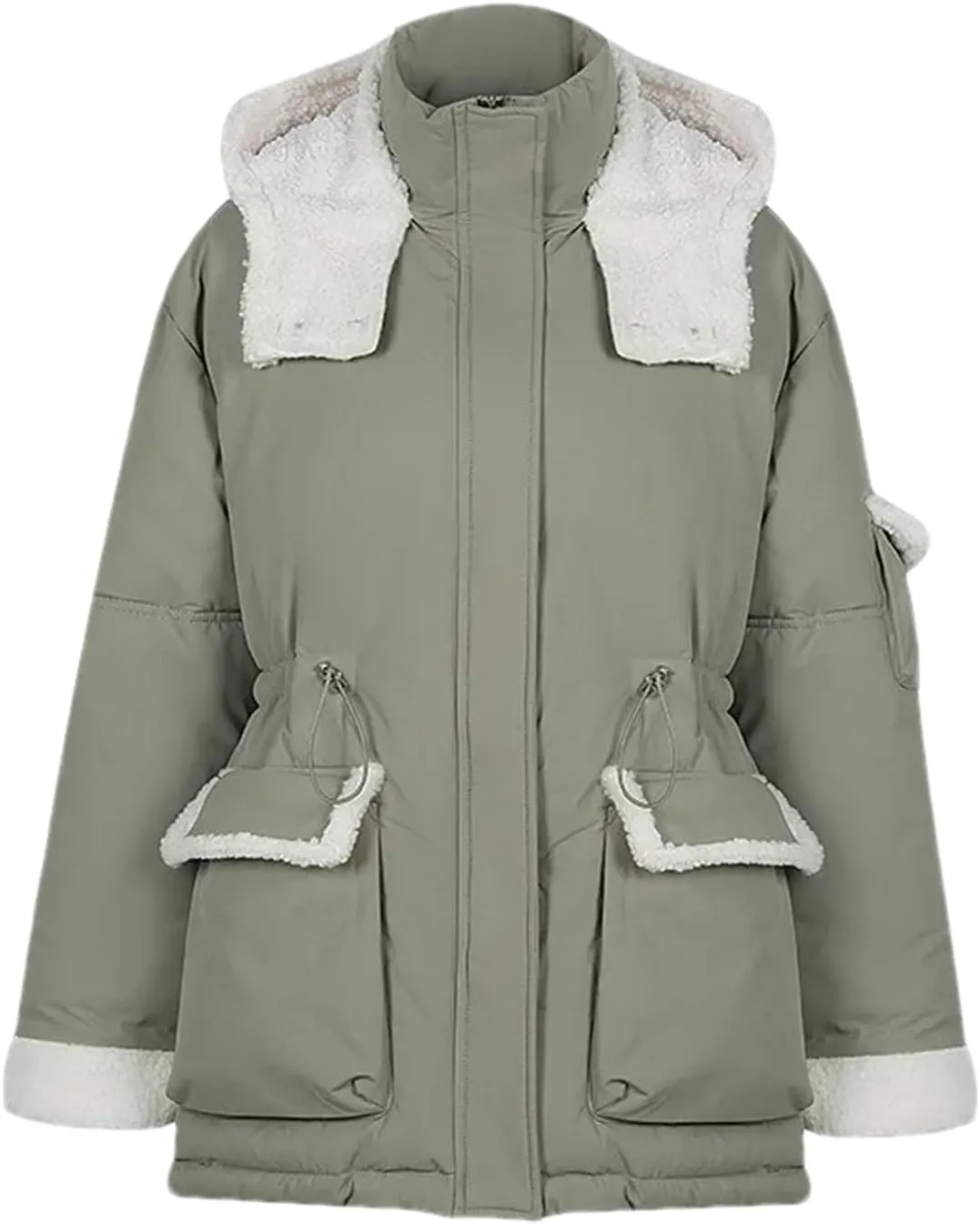 Women Patchwork Contrast Zipper Parkas Coats Vintage Pocket Hooded Cotton-Padded Jacket