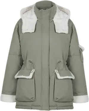 Women Patchwork Contrast Zipper Parkas Coats Vintage Pocket Hooded Cotton-Padded Jacket