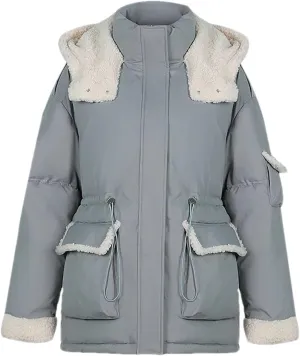 Women Patchwork Contrast Zipper Parkas Coats Vintage Pocket Hooded Cotton-Padded Jacket