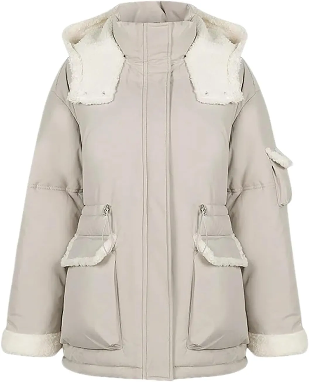 Women Patchwork Contrast Zipper Parkas Coats Vintage Pocket Hooded Cotton-Padded Jacket
