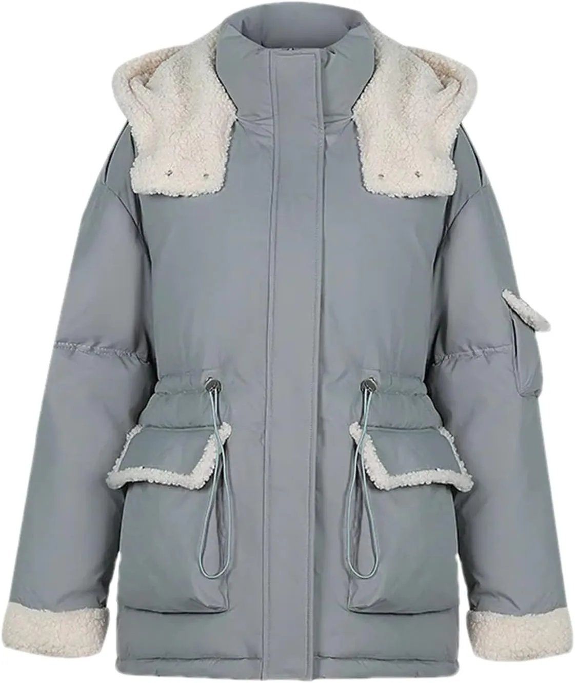 Women Patchwork Contrast Zipper Parkas Coats Vintage Pocket Hooded Cotton-Padded Jacket