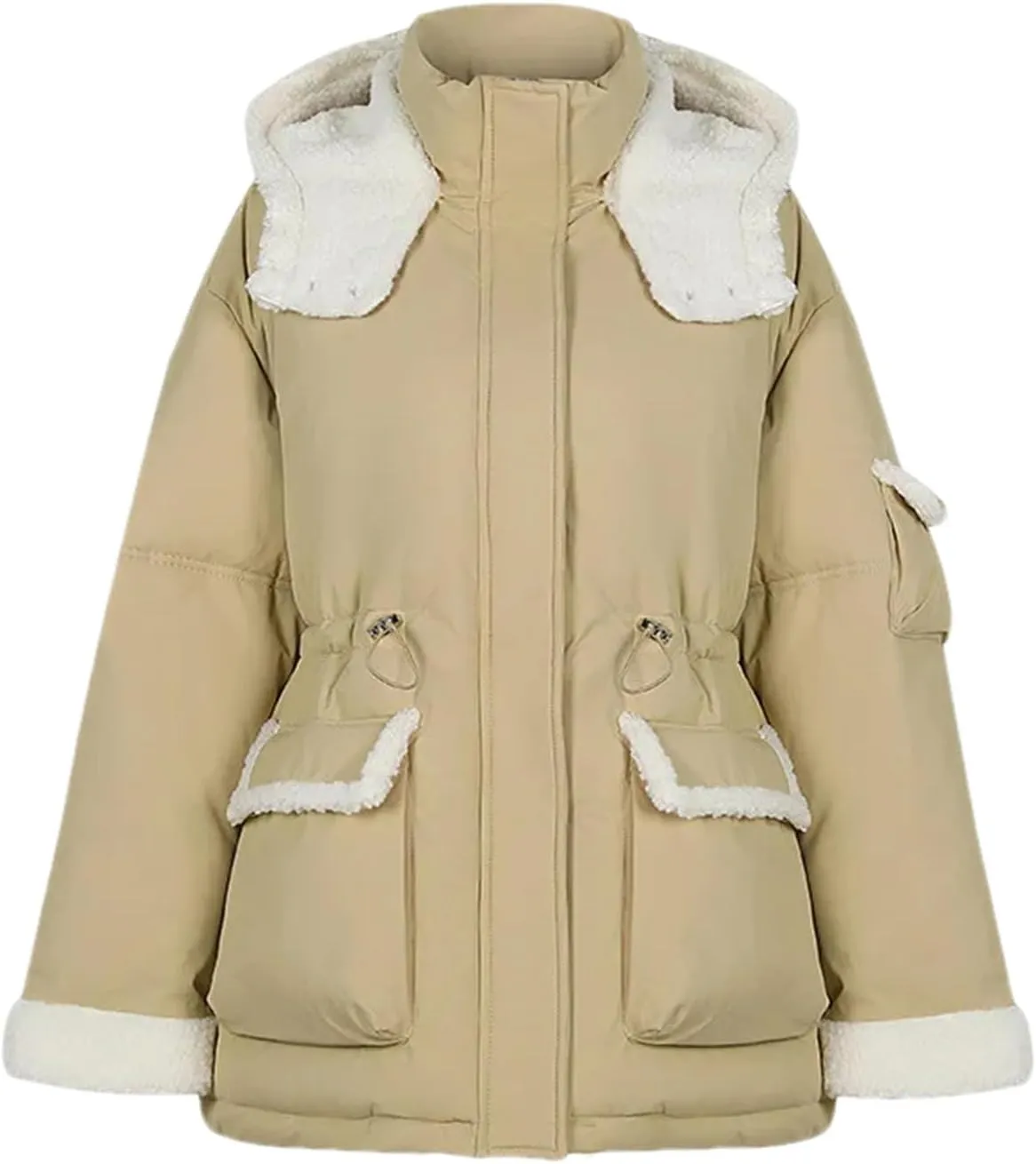 Women Patchwork Contrast Zipper Parkas Coats Vintage Pocket Hooded Cotton-Padded Jacket
