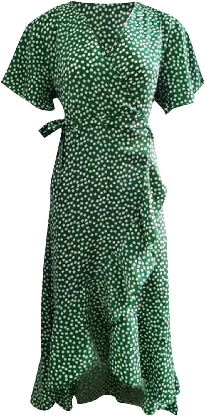 Women Summer Bohemian Floral Casual Wrap V Neck Ruffle Hem Short Sleeve Belt A-Line Hem Sun Dress Wedding Guest Dresses 2025