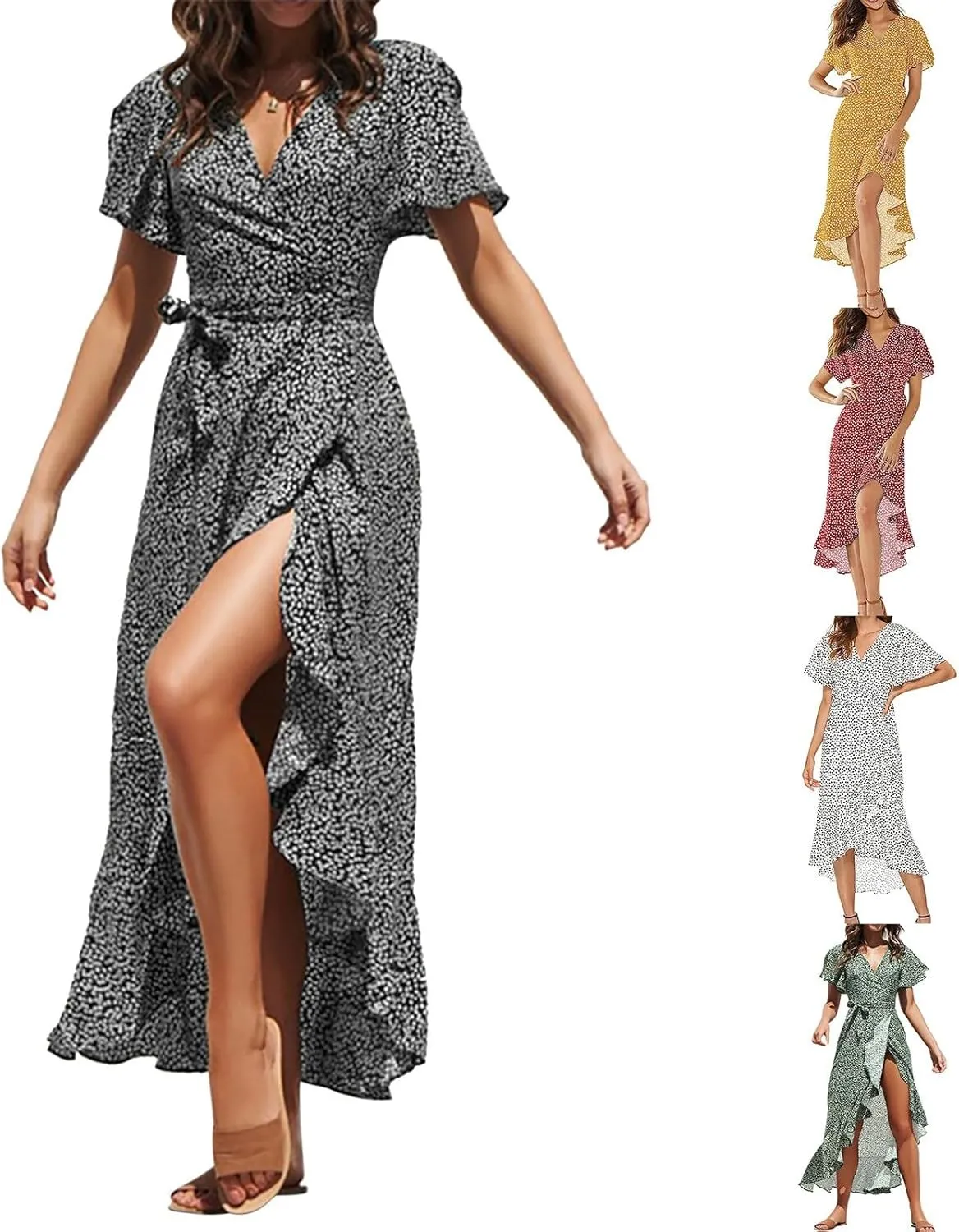 Women Summer Bohemian Floral Casual Wrap V Neck Ruffle Hem Short Sleeve Belt A-Line Hem Sun Dress Wedding Guest Dresses 2025