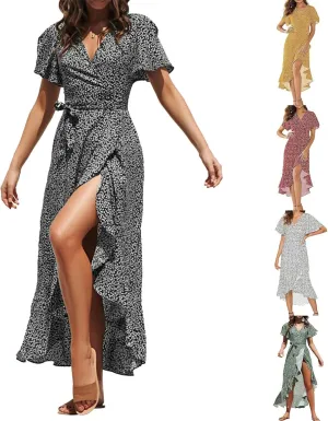 Women Summer Bohemian Floral Casual Wrap V Neck Ruffle Hem Short Sleeve Belt A-Line Hem Sun Dress Wedding Guest Dresses 2025