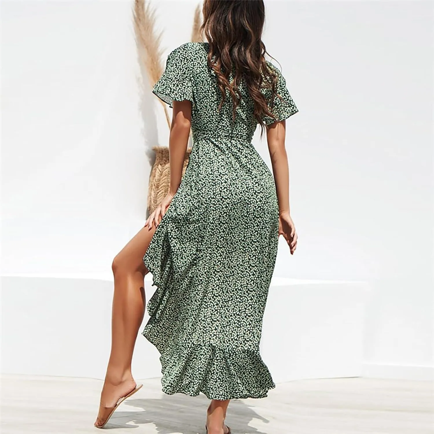 Women Summer Bohemian Floral Casual Wrap V Neck Ruffle Hem Short Sleeve Belt A-Line Hem Sun Dress Wedding Guest Dresses 2025