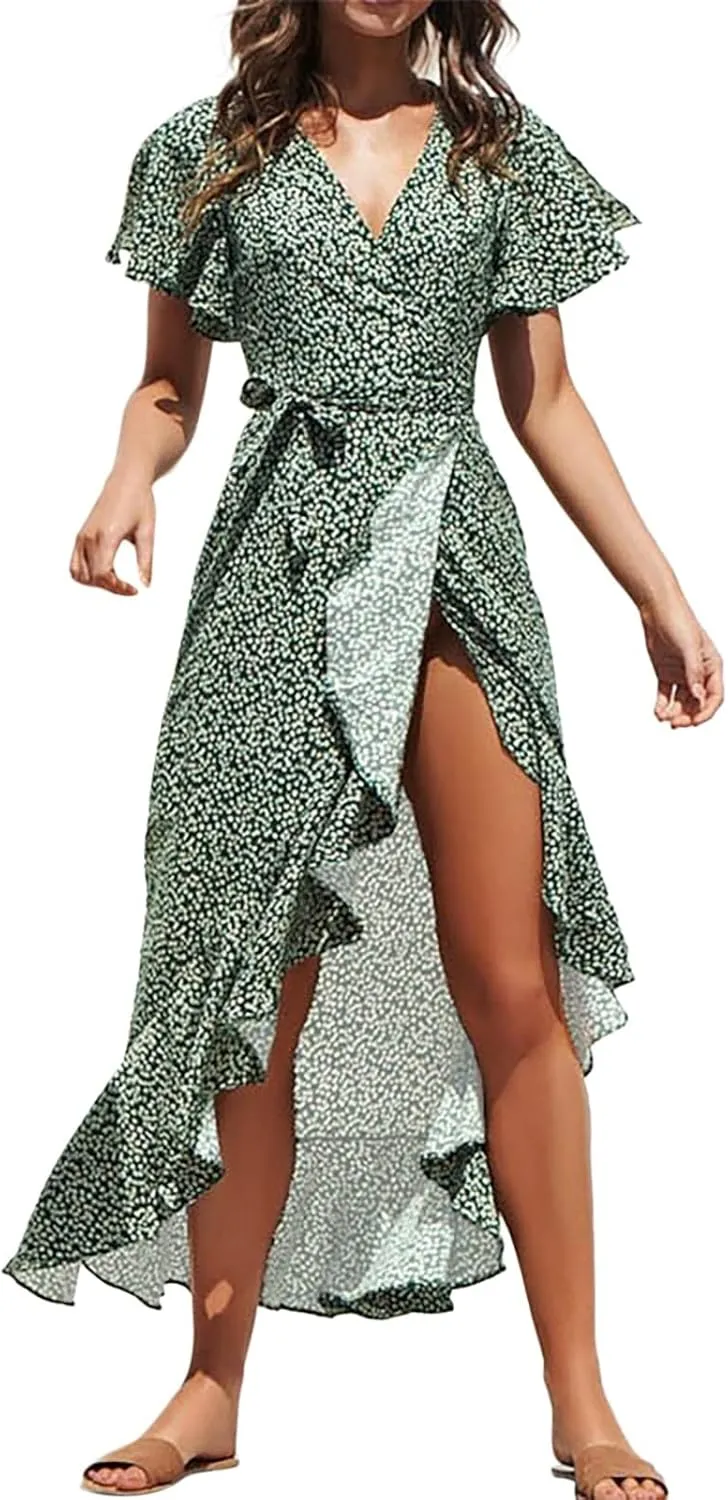 Women Summer Bohemian Floral Casual Wrap V Neck Ruffle Hem Short Sleeve Belt A-Line Hem Sun Dress Wedding Guest Dresses 2025