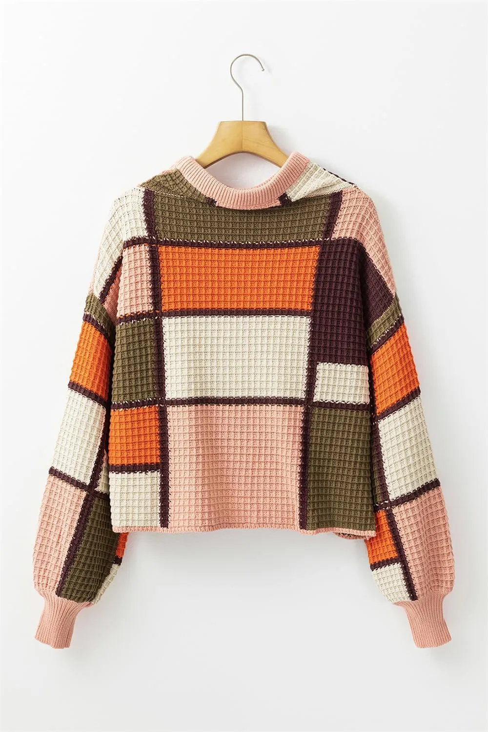 Women Waffle Knit Sweaters Casual Color Block Long Sleeve Oversize Comfy Hoodies Pullover Tops