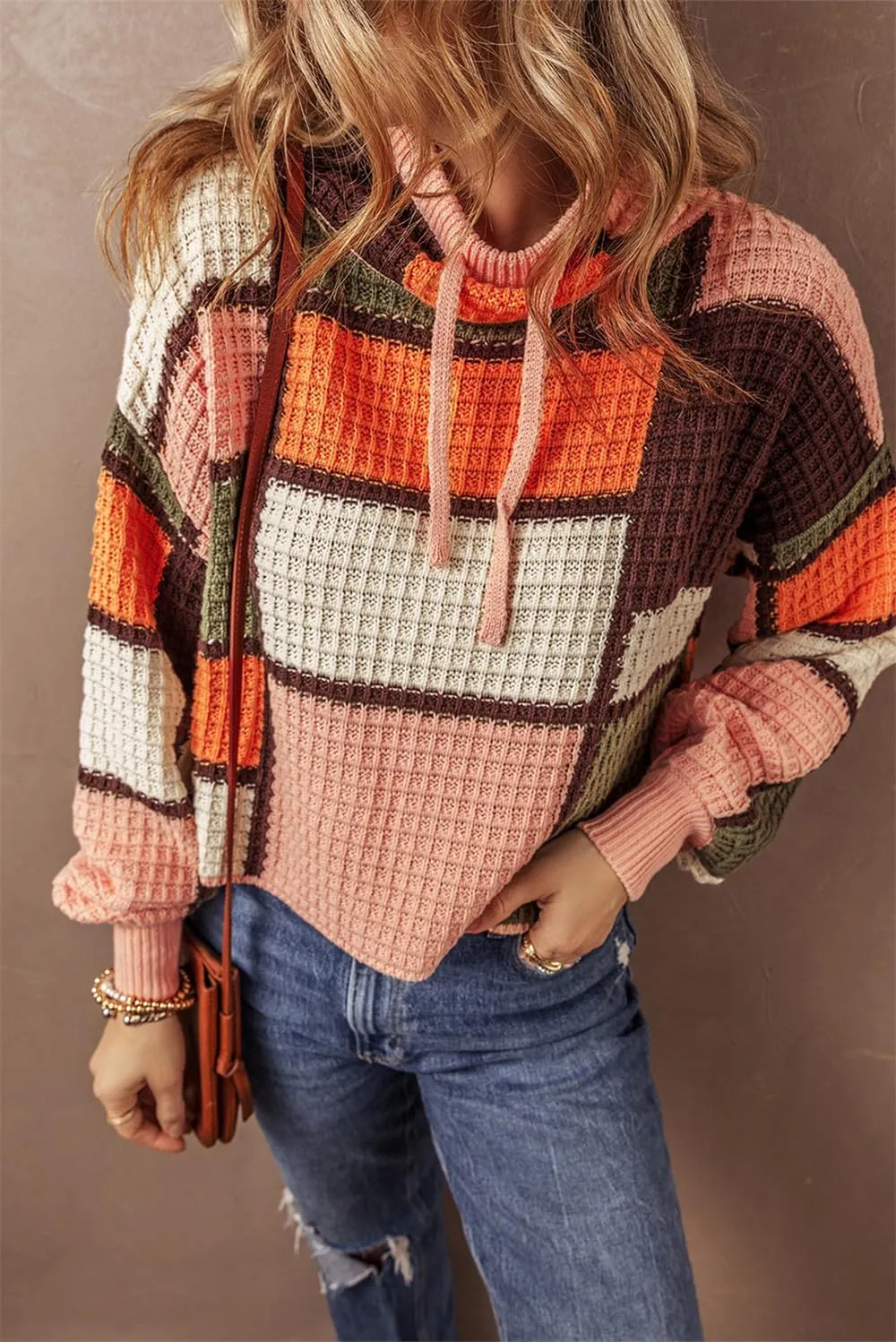 Women Waffle Knit Sweaters Casual Color Block Long Sleeve Oversize Comfy Hoodies Pullover Tops