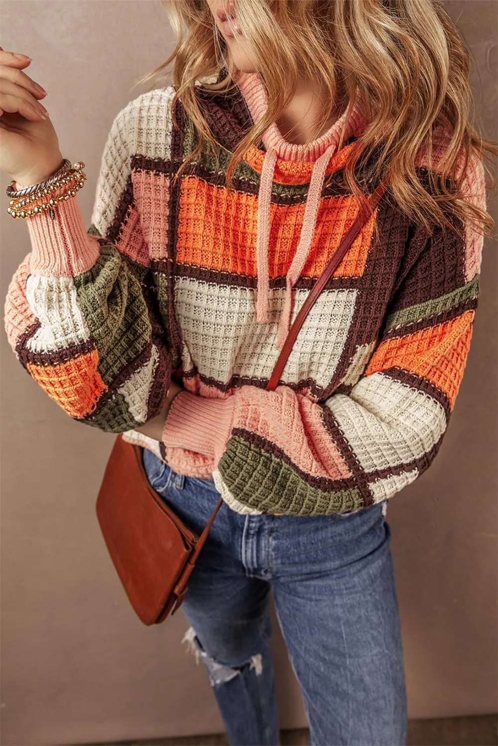 Women Waffle Knit Sweaters Casual Color Block Long Sleeve Oversize Comfy Hoodies Pullover Tops