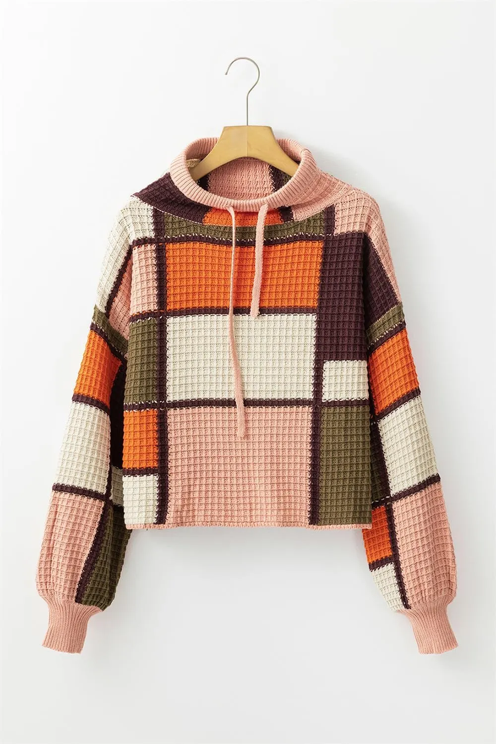 Women Waffle Knit Sweaters Casual Color Block Long Sleeve Oversize Comfy Hoodies Pullover Tops