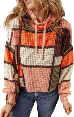 Women Waffle Knit Sweaters Casual Color Block Long Sleeve Oversize Comfy Hoodies Pullover Tops