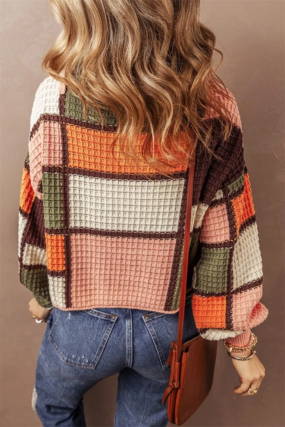 Women Waffle Knit Sweaters Casual Color Block Long Sleeve Oversize Comfy Hoodies Pullover Tops