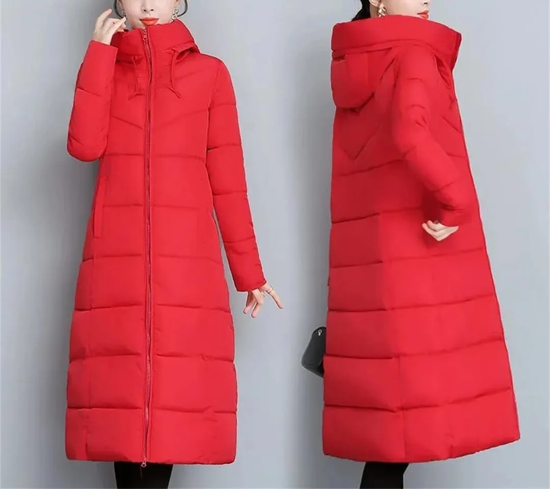 Women Warm Thicken Cotton Mid-Length Parkas Coat Winter Ladies Cotton Padded Jacket Hooded Parkas