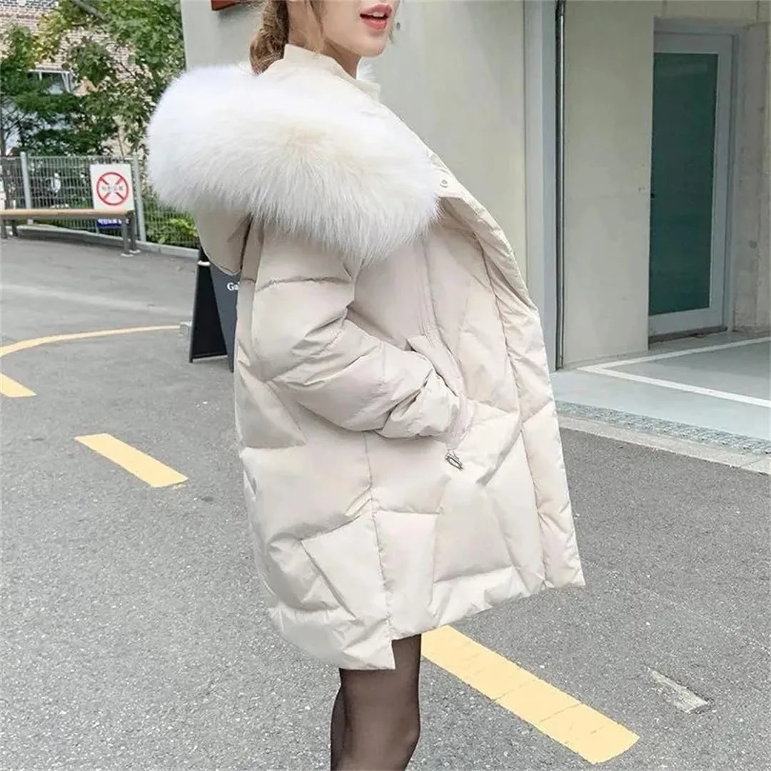 Women Winter Mid Long Loose Hooded Cotton Padded Coat Thicken Warm Outwear Parkas