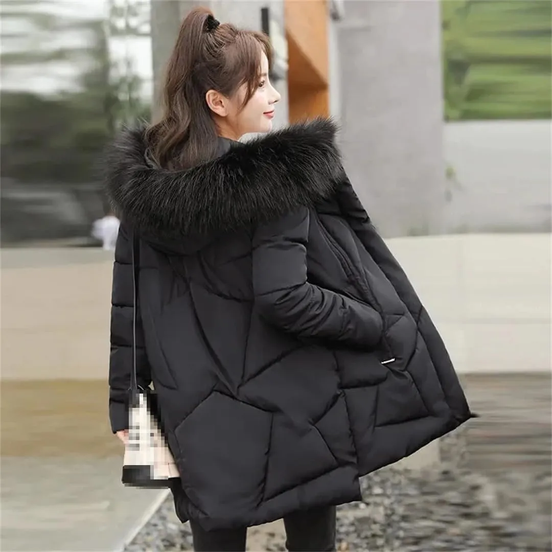 Women Winter Mid Long Loose Hooded Cotton Padded Coat Thicken Warm Outwear Parkas