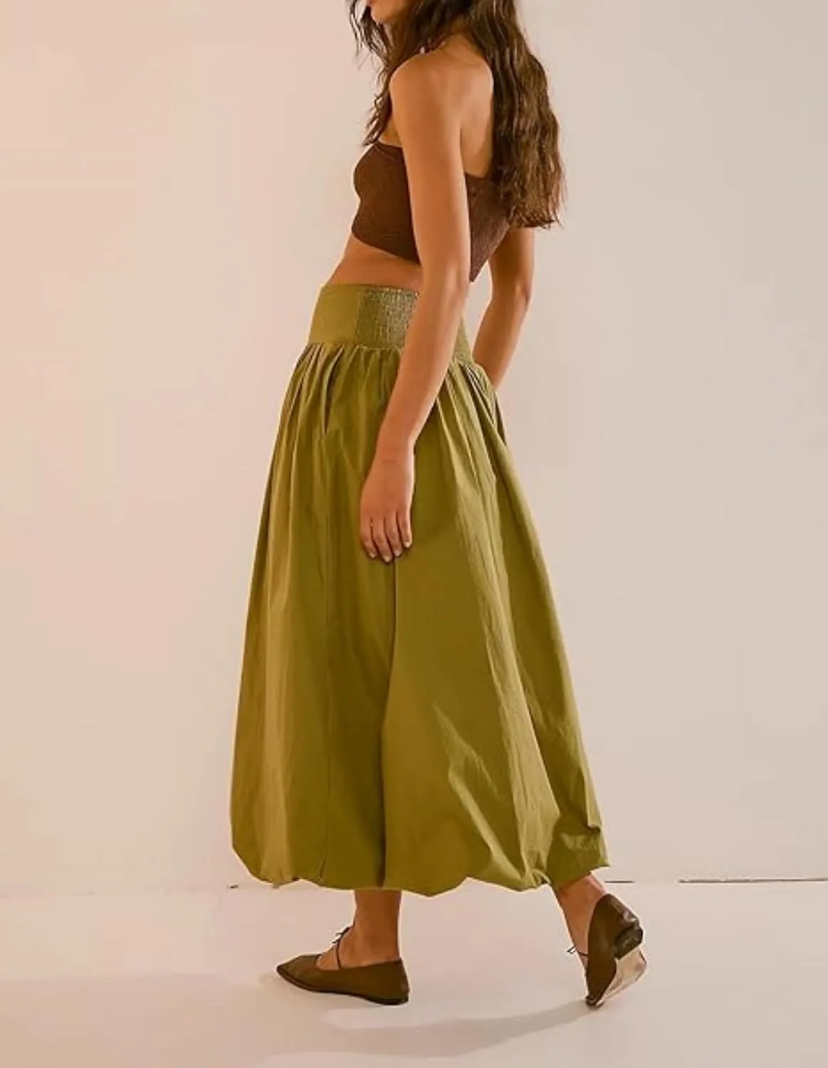 Women Y2K Bubble Long Skirt A Line Elastic Waist Pleated Balloon Solid Color Midi Dress Casual Loose Puffy Maxi Skirts