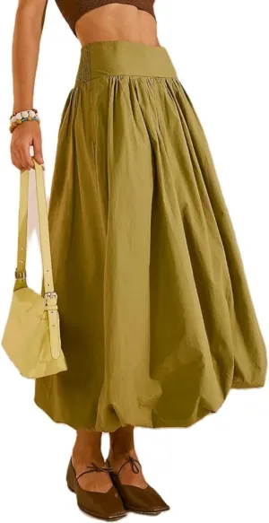 Women Y2K Bubble Long Skirt A Line Elastic Waist Pleated Balloon Solid Color Midi Dress Casual Loose Puffy Maxi Skirts