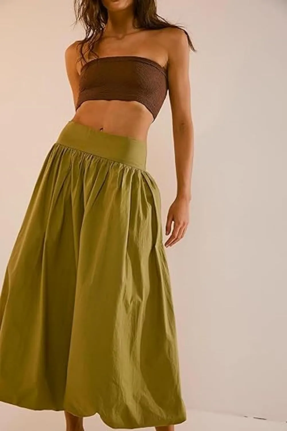 Women Y2K Bubble Long Skirt A Line Elastic Waist Pleated Balloon Solid Color Midi Dress Casual Loose Puffy Maxi Skirts