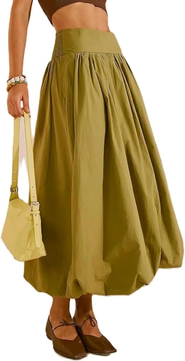 Women Y2K Bubble Long Skirt A Line Elastic Waist Pleated Balloon Solid Color Midi Dress Casual Loose Puffy Maxi Skirts