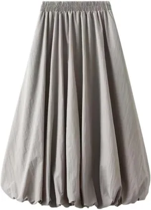 Women Y2K Bubble Long Skirt A Line Elastic Waist Pleated Balloon Solid Color Midi Dress Casual Loose Puffy Maxi Skirts
