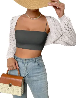 Women Y2K Crochet Shrug Sweater Crop Cardigans Drop Shoulder Knit Bolero Sweater