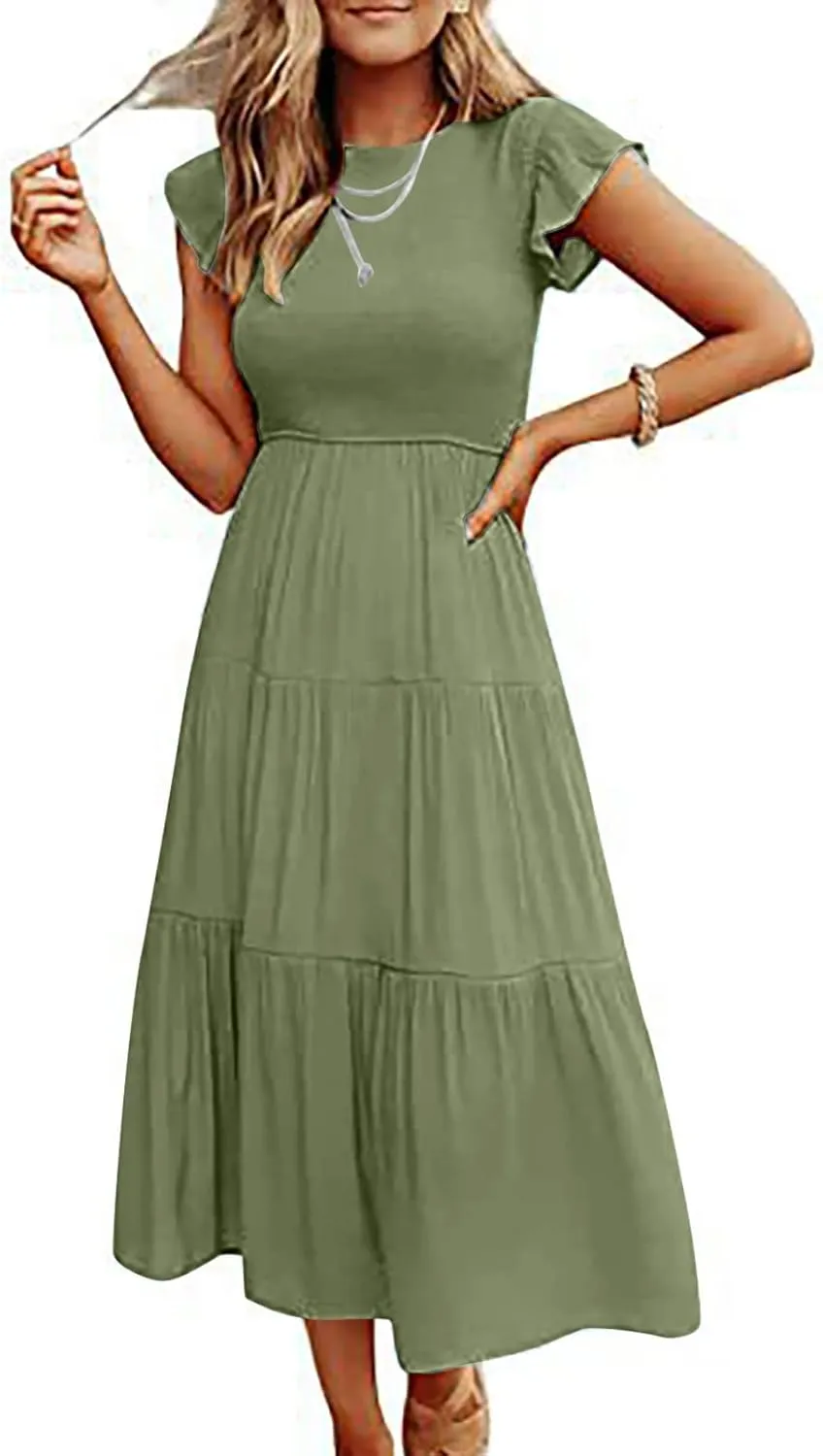 Womens 2023 Summer Casual Flutter Short Sleeve Long Dresses Crew Neck Smocked Elastic Waist Tiered Midi Dress