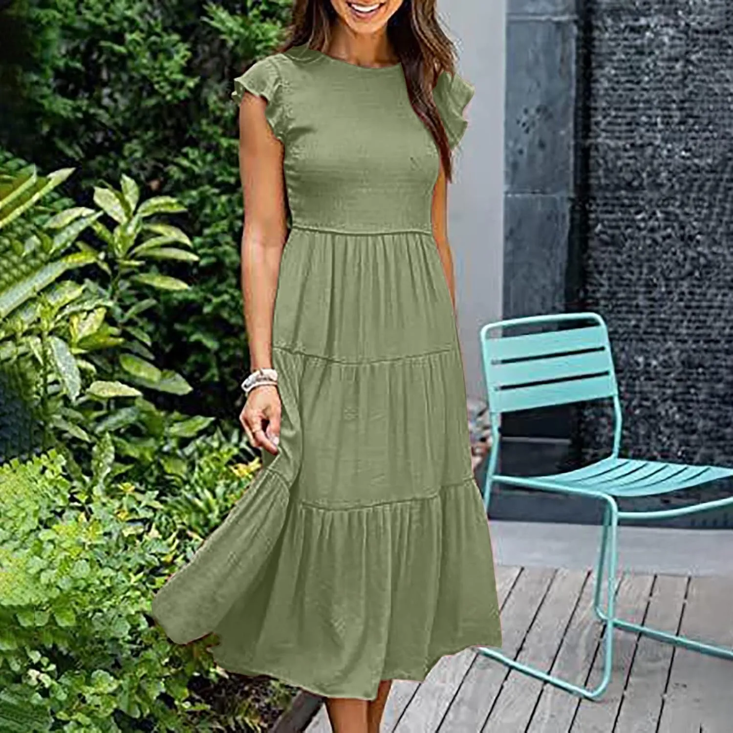 Womens 2023 Summer Casual Flutter Short Sleeve Long Dresses Crew Neck Smocked Elastic Waist Tiered Midi Dress