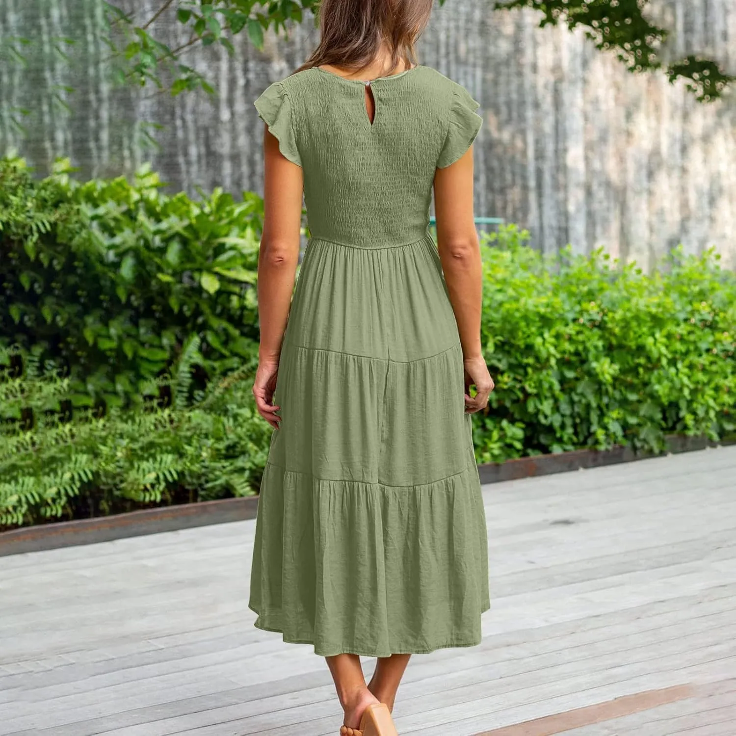 Womens 2023 Summer Casual Flutter Short Sleeve Long Dresses Crew Neck Smocked Elastic Waist Tiered Midi Dress